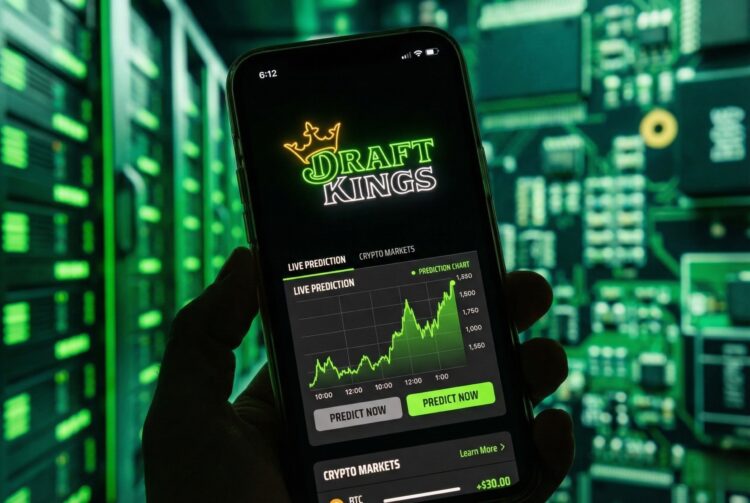 Smartphone mostrando app de DraftKings con predicciones y gráficos cripto