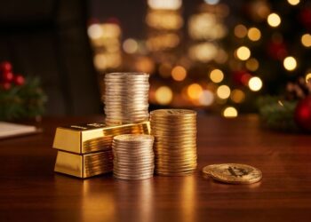 Monedas oro y plata dominan sobre Bitcoin caído en escritorio noche.