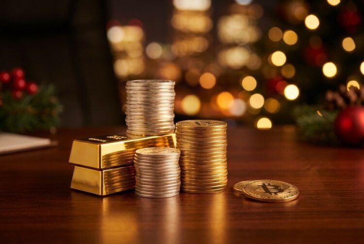 Monedas oro y plata dominan sobre Bitcoin caído en escritorio noche.