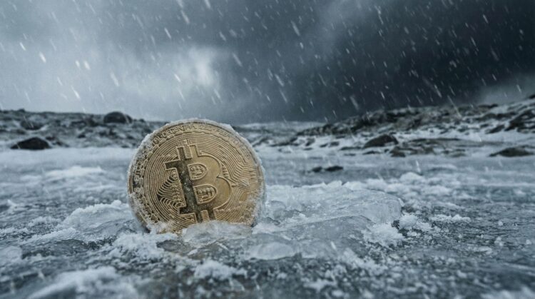 Bitcoin congelado en tormenta de nieve.