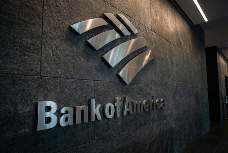 Logo de Bank of America en pared corporativa, recomendaciones de inversión 2026.