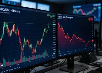 Monitores de trading: gráfico de Bitcoin volátil (izq.) y fuerte caída de MicroStrategy (der.).