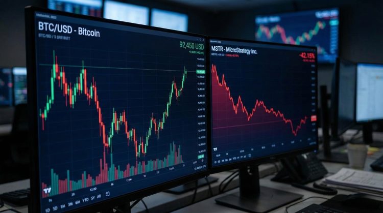 Monitores de trading: gráfico de Bitcoin volátil (izq.) y fuerte caída de MicroStrategy (der.).