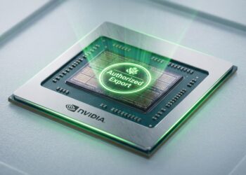 Fotografía macro de un procesador de IA Nvidia con un sello verde brillante que proyecta "Authorized Export" sobre su superficie.