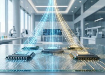 Cinco chips de IA brillando en superficie tecnológica.