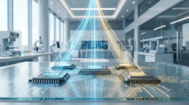 Cinco chips de IA brillando en superficie tecnológica.