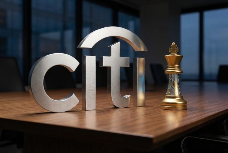 Logo Citi metal y pieza rey ajedrez oro con circuitos IA en mesa oficina.