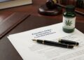 Bodegón sobre un escritorio legal de madera oscura. En primer plano y enfocado, un documento oficial con el encabezado 'Executive Order: Rescheduling of Controlled Substances' junto a una pluma estilográfica negra y dorada. Al lado, un frasco de vidrio verde para medicina con una etiqueta que muestra una hoja de cannabis estilizada y el texto 'PHARMACEUTICAL USE ONLY'. Un mazo de juez y libros de leyes aparecen desenfocados en el fondo, bajo iluminación de estudio.