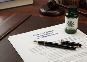 Bodegón sobre un escritorio legal de madera oscura. En primer plano y enfocado, un documento oficial con el encabezado 'Executive Order: Rescheduling of Controlled Substances' junto a una pluma estilográfica negra y dorada. Al lado, un frasco de vidrio verde para medicina con una etiqueta que muestra una hoja de cannabis estilizada y el texto 'PHARMACEUTICAL USE ONLY'. Un mazo de juez y libros de leyes aparecen desenfocados en el fondo, bajo iluminación de estudio.