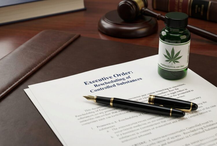 Bodegón sobre un escritorio legal de madera oscura. En primer plano y enfocado, un documento oficial con el encabezado 'Executive Order: Rescheduling of Controlled Substances' junto a una pluma estilográfica negra y dorada. Al lado, un frasco de vidrio verde para medicina con una etiqueta que muestra una hoja de cannabis estilizada y el texto 'PHARMACEUTICAL USE ONLY'. Un mazo de juez y libros de leyes aparecen desenfocados en el fondo, bajo iluminación de estudio.