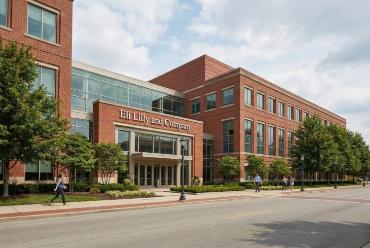 Vista exterior frontal del edificio principal de la sede corporativa de Eli Lilly and Company en Indianápolis. La arquitectura de ladrillo rojo y vidrio se ve nítida bajo la luz del día y el letrero con el nombre de la empresa es claramente visible en la entrada, transmitiendo solidez y presencia institucional en la industria farmacéutica.