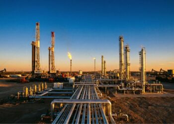 Vista panorámica al atardecer de una sofisticada instalación industrial de extracción de petróleo y gas en la Cuenca Pérmica. La luz dorada ilumina torres de perforación, chimeneas con llamas activas y una compleja red de tuberías metálicas en primer plano sobre un paisaje árido.