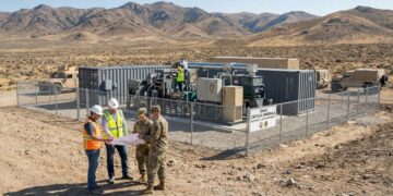 Cuatro hombres, dos ingenieros civiles con cascos y chalecos y dos soldados del Ejército de EE. UU. con uniforme de camuflaje, revisan planos frente a una planta piloto modular de procesamiento de minerales cercada en un paisaje desértico y montañoso. Un letrero identifica la instalación como "IDAHO CRITICAL MINERALS PILOT PLANT - US ARMY PARTNERSHIP". Vehículos militares están estacionados al fondo bajo la luz del día.