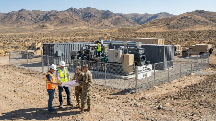 Cuatro hombres, dos ingenieros civiles con cascos y chalecos y dos soldados del Ejército de EE. UU. con uniforme de camuflaje, revisan planos frente a una planta piloto modular de procesamiento de minerales cercada en un paisaje desértico y montañoso. Un letrero identifica la instalación como "IDAHO CRITICAL MINERALS PILOT PLANT - US ARMY PARTNERSHIP". Vehículos militares están estacionados al fondo bajo la luz del día.