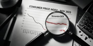 Fotografía conceptual de estilo naturaleza muerta sobre un escritorio oscuro de analista. Un informe impreso con el título 'Consumer Price Index - Nov 2025' domina la escena bajo una iluminación dramática. Una lupa colocada sobre el documento amplía específicamente la sección de datos etiquetada como 'Vivienda/OER', revelando una textura borrosa y pixelada en el gráfico, lo que simboliza visualmente la falta de precisión o la manipulación de los datos, en contraste con la nitidez del resto del papel