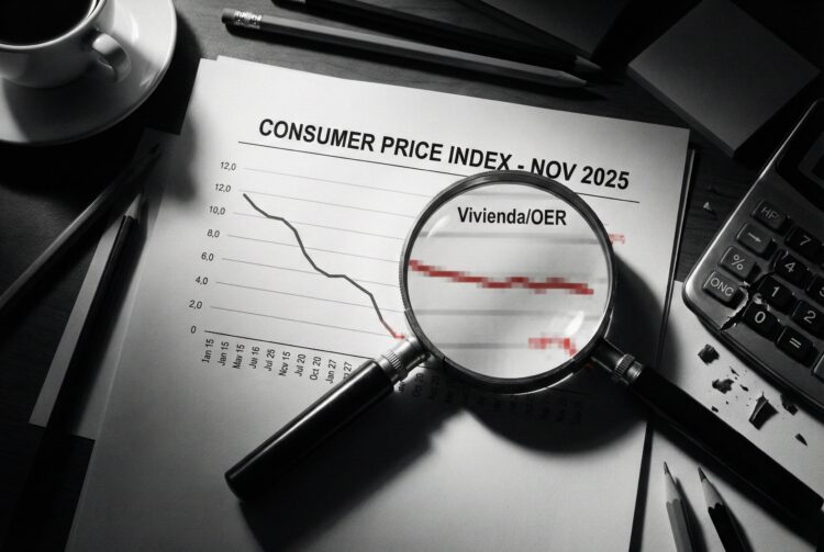 Fotografía conceptual de estilo naturaleza muerta sobre un escritorio oscuro de analista. Un informe impreso con el título 'Consumer Price Index - Nov 2025' domina la escena bajo una iluminación dramática. Una lupa colocada sobre el documento amplía específicamente la sección de datos etiquetada como 'Vivienda/OER', revelando una textura borrosa y pixelada en el gráfico, lo que simboliza visualmente la falta de precisión o la manipulación de los datos, en contraste con la nitidez del resto del papel