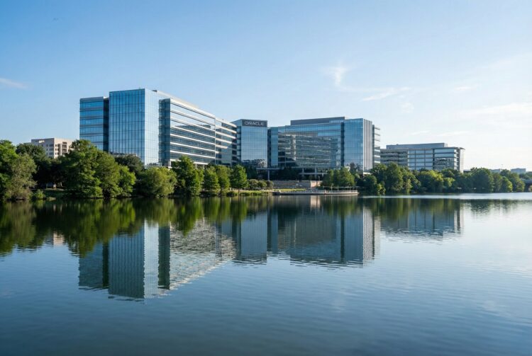 Vista panorámica exterior de la sede corporativa de Oracle en Austin, Texas, ubicada frente al lago Lady Bird. La imagen muestra la arquitectura moderna de vidrio del edificio reflejada en el agua bajo una luz diurna brillante, rodeada de vegetación, proyectando una imagen de innovación tecnológica y solidez empresarial.