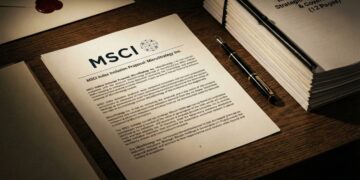 Bodegón corporativo con iluminación dramática sobre un escritorio de madera oscura. En el centro, un documento con el logotipo de MSCI y el encabezado 'MSCI Index Inclusion Proposal: MicroStrategy Inc.'. A la derecha, una pila gruesa de documentos encuadernados con la portada visible 'RESPONSE TO MSCI: Strategic Bitcoin Holdings & Governance (12 Pages)', junto a una pluma estilográfica y sobres con sellos de lacre rojo, simbolizando una negociación de alto nivel.