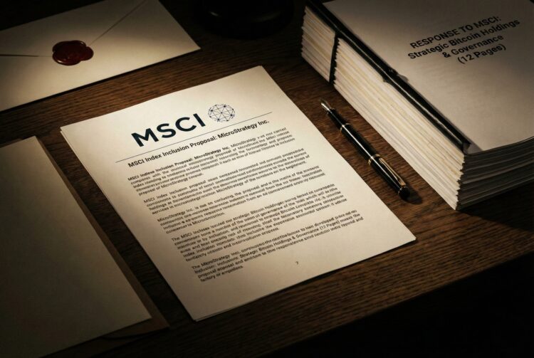 Bodegón corporativo con iluminación dramática sobre un escritorio de madera oscura. En el centro, un documento con el logotipo de MSCI y el encabezado 'MSCI Index Inclusion Proposal: MicroStrategy Inc.'. A la derecha, una pila gruesa de documentos encuadernados con la portada visible 'RESPONSE TO MSCI: Strategic Bitcoin Holdings & Governance (12 Pages)', junto a una pluma estilográfica y sobres con sellos de lacre rojo, simbolizando una negociación de alto nivel.