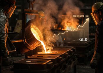 Vista dramática del interior de una fundición de oro. Oro líquido incandescente y de color naranja brillante se vierte en moldes industriales en medio de humo y oscuridad. Superpuesta sutilmente en el fondo, una línea de gráfico financiero ascendente visualiza el rendimiento positivo del ETF GLD (SPDR Gold Shares), vinculando la producción física con la inversión financiera.