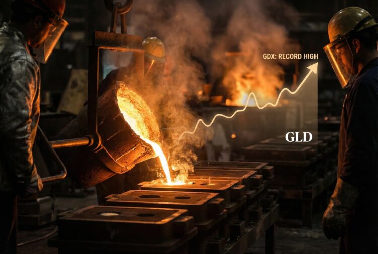 Vista dramática del interior de una fundición de oro. Oro líquido incandescente y de color naranja brillante se vierte en moldes industriales en medio de humo y oscuridad. Superpuesta sutilmente en el fondo, una línea de gráfico financiero ascendente visualiza el rendimiento positivo del ETF GLD (SPDR Gold Shares), vinculando la producción física con la inversión financiera.