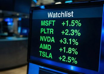 Primer plano de monitor financiero mostrando una lista de vigilancia con tickers tecnológicos en verde y alzas.