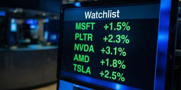 Primer plano de monitor financiero mostrando una lista de vigilancia con tickers tecnológicos en verde y alzas.