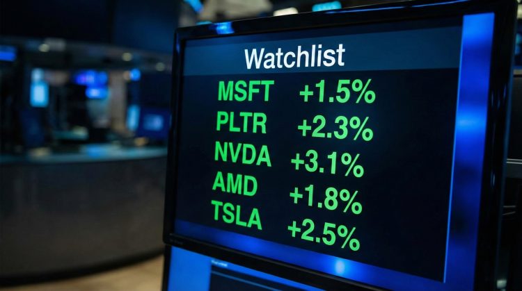 Primer plano de monitor financiero mostrando una lista de vigilancia con tickers tecnológicos en verde y alzas.