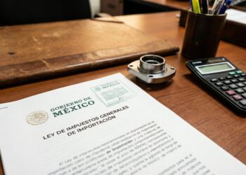 Primer plano detallado sobre un escritorio de despacho aduanero. Se destaca un documento oficial con el encabezado 'Ley de Impuestos Generales de Importación' y el sello del Gobierno de México, junto a una calculadora y una pieza de acero industrial, representando el cálculo de los nuevos costos operativos para el sector manufacturero.