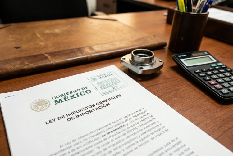 Primer plano detallado sobre un escritorio de despacho aduanero. Se destaca un documento oficial con el encabezado 'Ley de Impuestos Generales de Importación' y el sello del Gobierno de México, junto a una calculadora y una pieza de acero industrial, representando el cálculo de los nuevos costos operativos para el sector manufacturero.