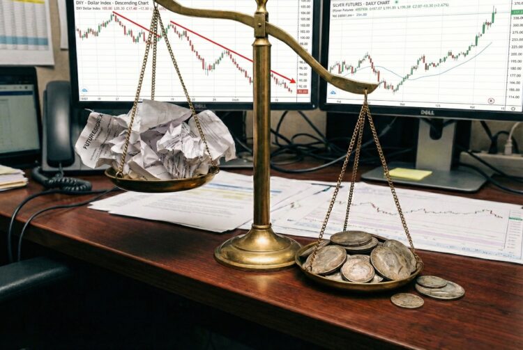 Fotografía de una balanza de la justicia de latón sobre un escritorio de madera. El platillo izquierdo, lleno de una montaña de contratos de papel arrugados con el texto "FUTURES/COMEX", está elevado. El platillo derecho, desbordante de monedas de plata física estadounidenses antiguas (dólares Morgan y Peace), pesa mucho más y toca la superficie del escritorio. De fondo, un monitor de computadora muestra una gráfica financiera con una fuerte tendencia ascendente titulada "Silver Futures - DAILY CHART" y otro monitor a la izquierda muestra una gráfica en descenso del índice del dólar estadounidense. El entorno es una oficina con iluminación de estudio.