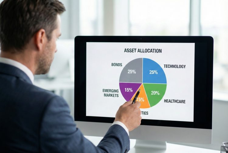 Un gestor señala en una pantalla de oficina un gráfico circular de "Asset Allocation" con sectores equilibrados.
