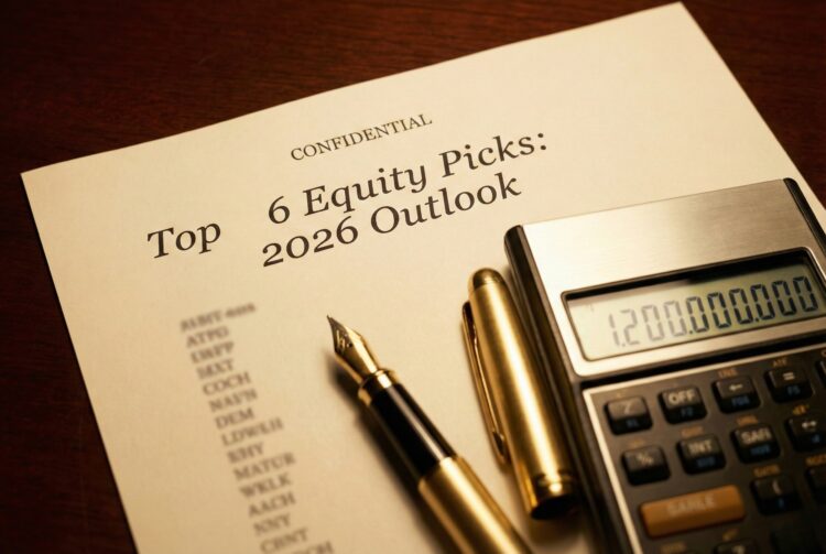 Fotografía de primer plano (macro) de un informe de inversión confidencial sobre un escritorio de madera oscura. El documento lleva el título "CONFIDENTIAL Top 6 Equity Picks: 2026 Outlook". Una pluma estilográfica dorada descansa sobre el papel, señalando una lista difuminada, junto a una calculadora financiera que muestra la cifra "1.200.000.000" en su pantalla. La iluminación es cálida y de estilo biblioteca.