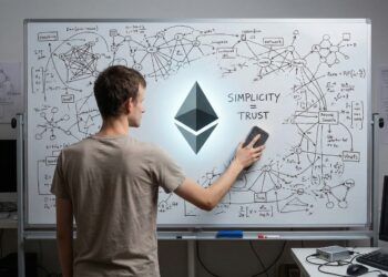 Símbolo Ethereum etéreo y minimalista sobre fondo despejado evocando simplificación.