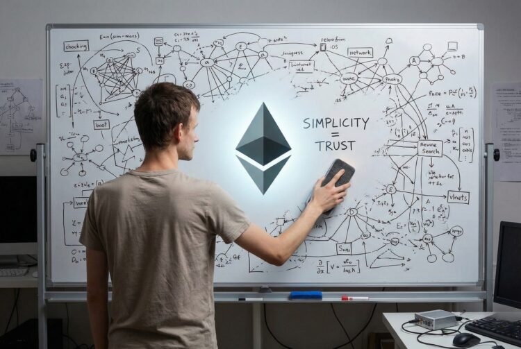 Símbolo Ethereum etéreo y minimalista sobre fondo despejado evocando simplificación.