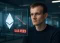 Vitalik Buterin con gráfico tarifas Ethereum.