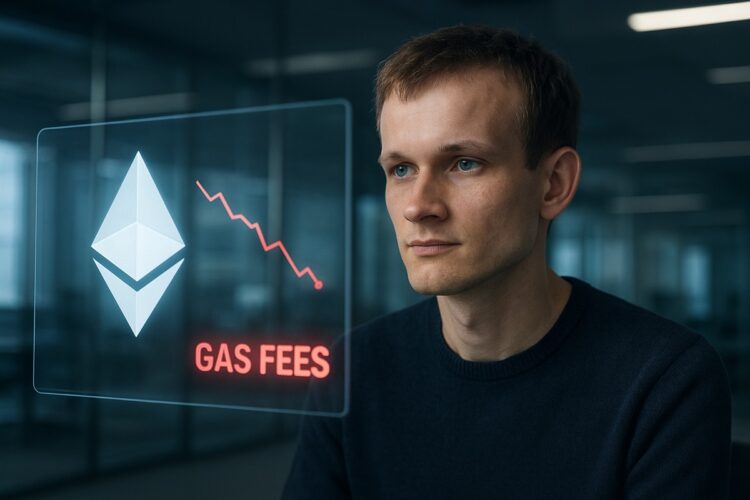 Vitalik Buterin con gráfico tarifas Ethereum.