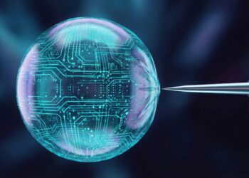 Ilustración digital conceptual que muestra una esfera translúcida hecha de circuitos de IA brillantes (representando la burbuja de valoración tecnológica) bajo tensión extrema al ser tocada por una aguja metálica afilada sobre un fondo oscuro.