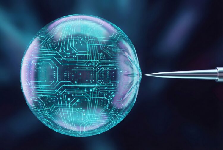 Ilustración digital conceptual que muestra una esfera translúcida hecha de circuitos de IA brillantes (representando la burbuja de valoración tecnológica) bajo tensión extrema al ser tocada por una aguja metálica afilada sobre un fondo oscuro.