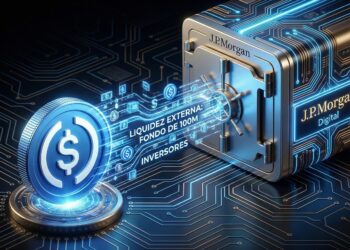 Ilustración digital 3D horizontal que muestra una moneda estilizada de USDC enviando un flujo de datos azul brillante hacia una bóveda futurista con el logo de JPMorgan, representando la entrada de liquidez tokenizada sobre un fondo tecnológico oscuro.