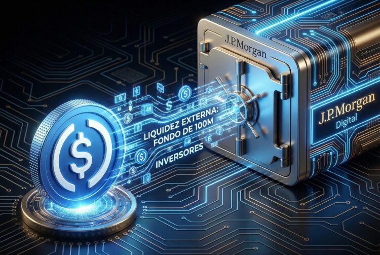 Ilustración digital 3D horizontal que muestra una moneda estilizada de USDC enviando un flujo de datos azul brillante hacia una bóveda futurista con el logo de JPMorgan, representando la entrada de liquidez tokenizada sobre un fondo tecnológico oscuro.