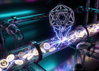 Stablecoins en conducto futurista alimentan con energía una estructura tecnológica.