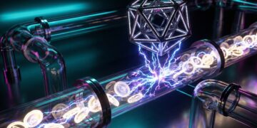 Stablecoins en conducto futurista alimentan con energía una estructura tecnológica.