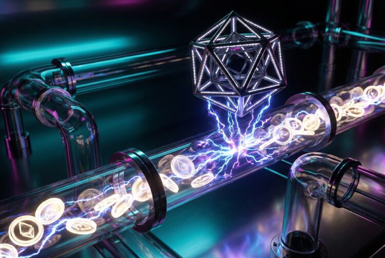 Stablecoins en conducto futurista alimentan con energía una estructura tecnológica.