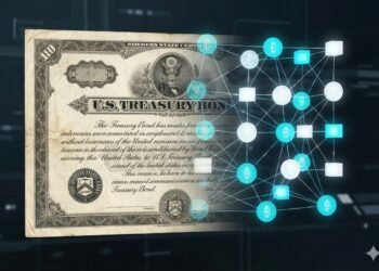 Composición artística conceptual estilo Fintech donde la textura de un certificado de papel de Bono del Tesoro de EE. UU. se fusiona y transforma hacia la derecha en una secuencia de bloques digitales luminosos y estructurados sobre un fondo oscuro, ilustrando la conversión de activos reales en tokens digitales en la blockchain.