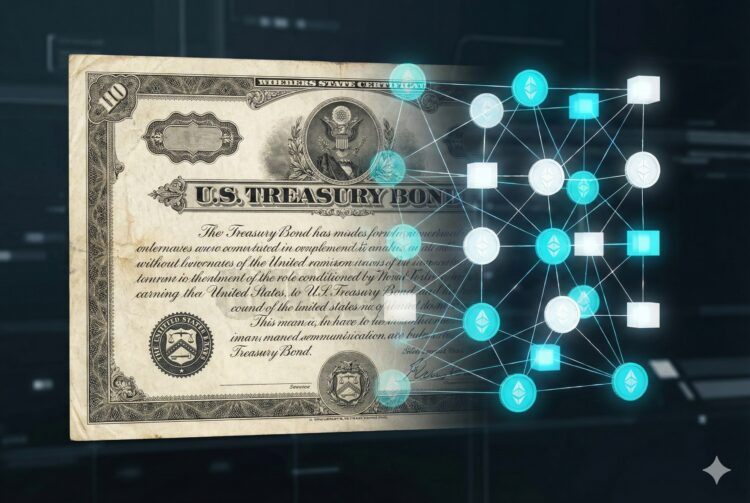 Composición artística conceptual estilo Fintech donde la textura de un certificado de papel de Bono del Tesoro de EE. UU. se fusiona y transforma hacia la derecha en una secuencia de bloques digitales luminosos y estructurados sobre un fondo oscuro, ilustrando la conversión de activos reales en tokens digitales en la blockchain.