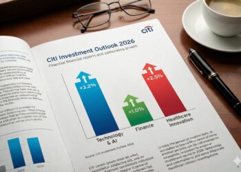 Primer plano de un informe financiero impreso de Citi sobre un escritorio de madera, abierto en la página titulada "Citi Investment Outlook 2026". Se muestra un gráfico de barras con flechas ascendentes que destacan las previsiones de crecimiento para los sectores de Tecnología & IA (+3.2%), Finanzas (+1.0%) e Innovación sanitaria (+2.5%). Unas gafas de lectura, un bolígrafo y una taza de café rodean el documento.