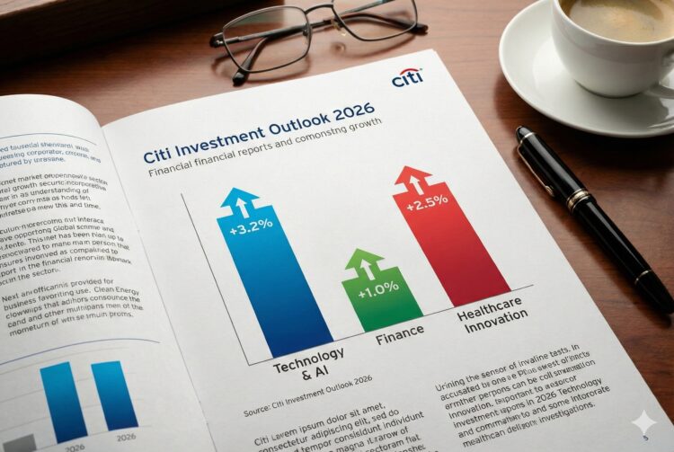 Primer plano de un informe financiero impreso de Citi sobre un escritorio de madera, abierto en la página titulada "Citi Investment Outlook 2026". Se muestra un gráfico de barras con flechas ascendentes que destacan las previsiones de crecimiento para los sectores de Tecnología & IA (+3.2%), Finanzas (+1.0%) e Innovación sanitaria (+2.5%). Unas gafas de lectura, un bolígrafo y una taza de café rodean el documento.
