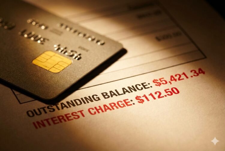 Fotografía de bodegón financiero con iluminación dramática y cálida. En primer plano, el chip dorado de una tarjeta de crédito descansa sobre un estado de cuenta impreso desenfocado. Un enfoque macro resalta números en tinta roja que indican saldos pendientes e intereses acumulados, visualizando la presión de la deuda sobre la economía doméstica.