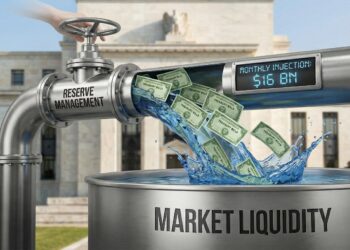 Ilustración conceptual financiera que muestra una mano abriendo una válvula etiquetada como "RESERVE MANAGEMENT" en una tubería industrial. Un flujo de agua y certificados de "TREASURY BILLS" cae dentro de un tanque metálico marcado como "MARKET LIQUIDITY". Una pantalla digital en la tubería indica "MONTHLY INJECTION: $16 BN", con el edificio de la Reserva Federal (FED) visible en el fondo.